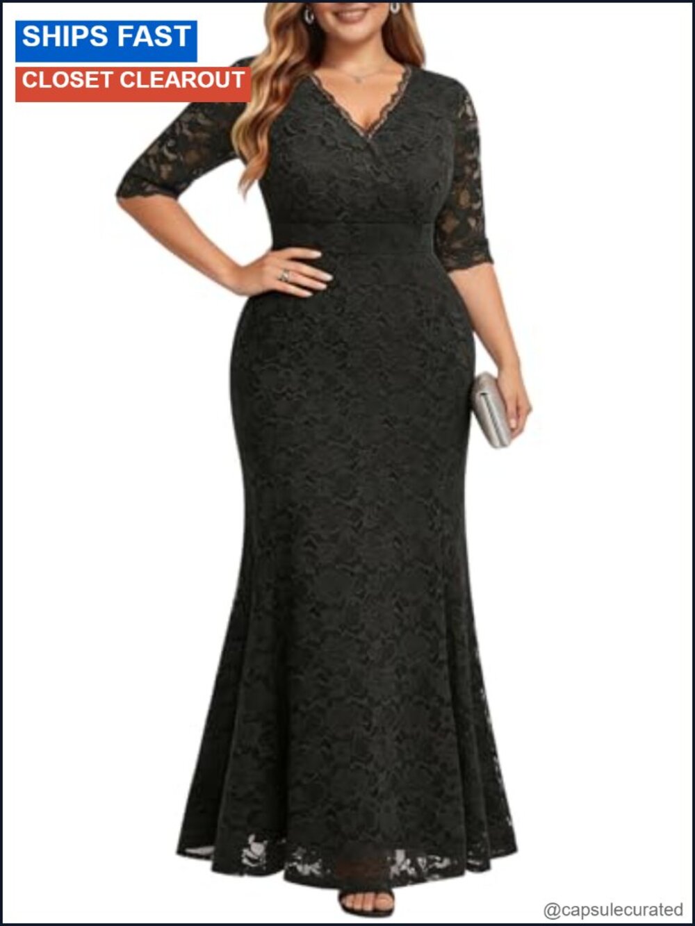 Pinup Fashion Plus Size Lace Mermaid Formal Evening Gown 3/4 Sleeve Maxi Dress